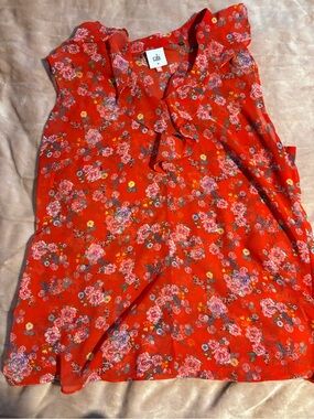 CAbi Red Floral Ruffle V-Neck Top